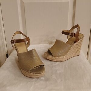 MICHAEL Michael Kors Penelope Jute Wedge Platform Sandals Gold-Tone Canvas